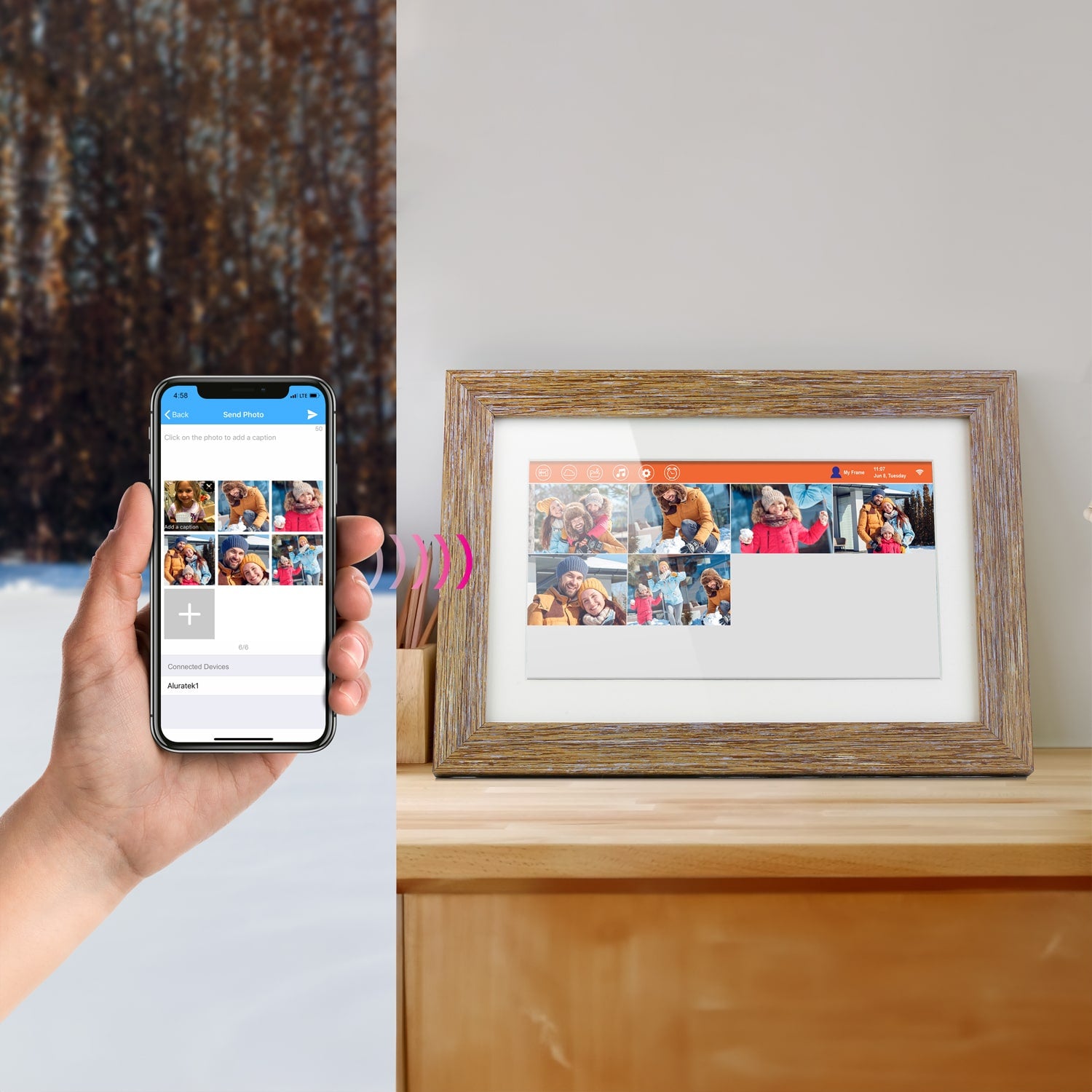 10" Distressed Wood WiFi Digital Photo Frame with Touchscreen IPS LCD Display and 16GB Built-in Memory