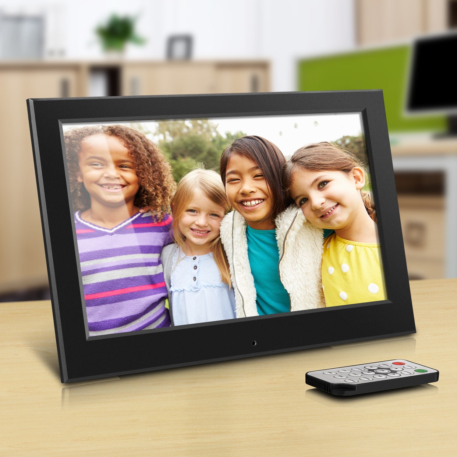 aluratek 10 slim digital photo frame automatic slideshow front angle lifestyle