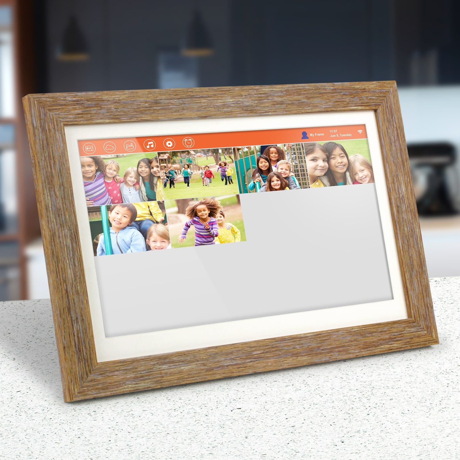 aluratek 13 inch distressed wood touchscreen wifi digital photo frame 16gb angle interface