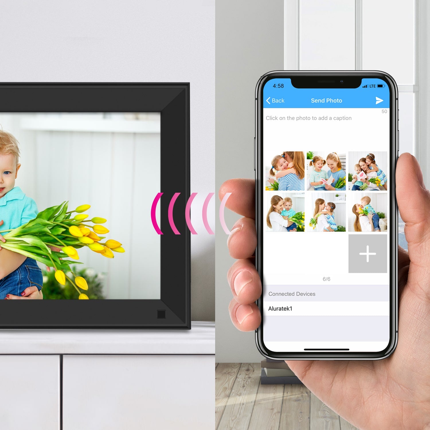 aluratek 15-inch ips touchscreen wifi digital photo frame auto-rotation motion sensor 32gb transfer