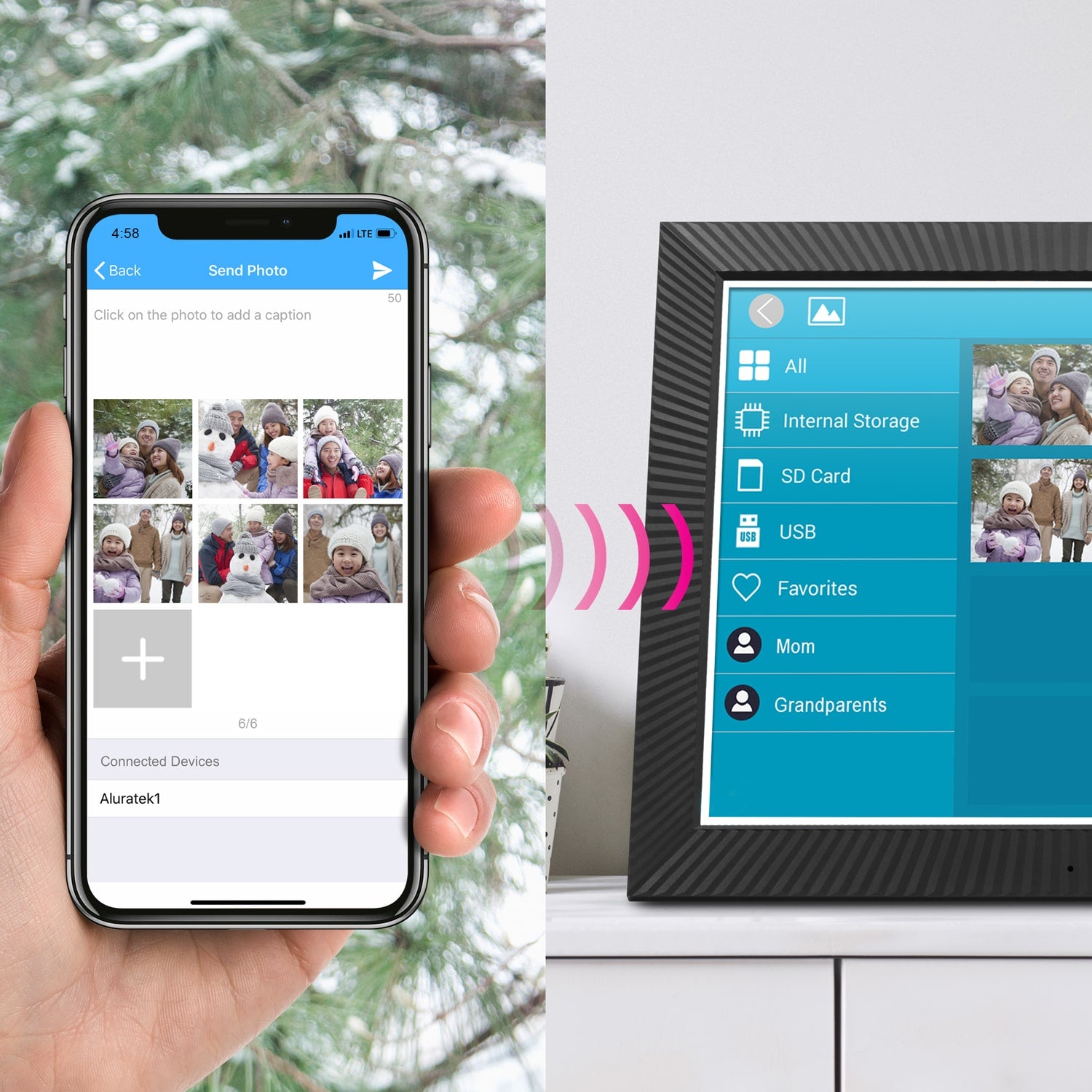 aluratek 17-inch dual-band ips touchscreen wifi digital photo frame auto-rotation motion sensor 32gb transfer
