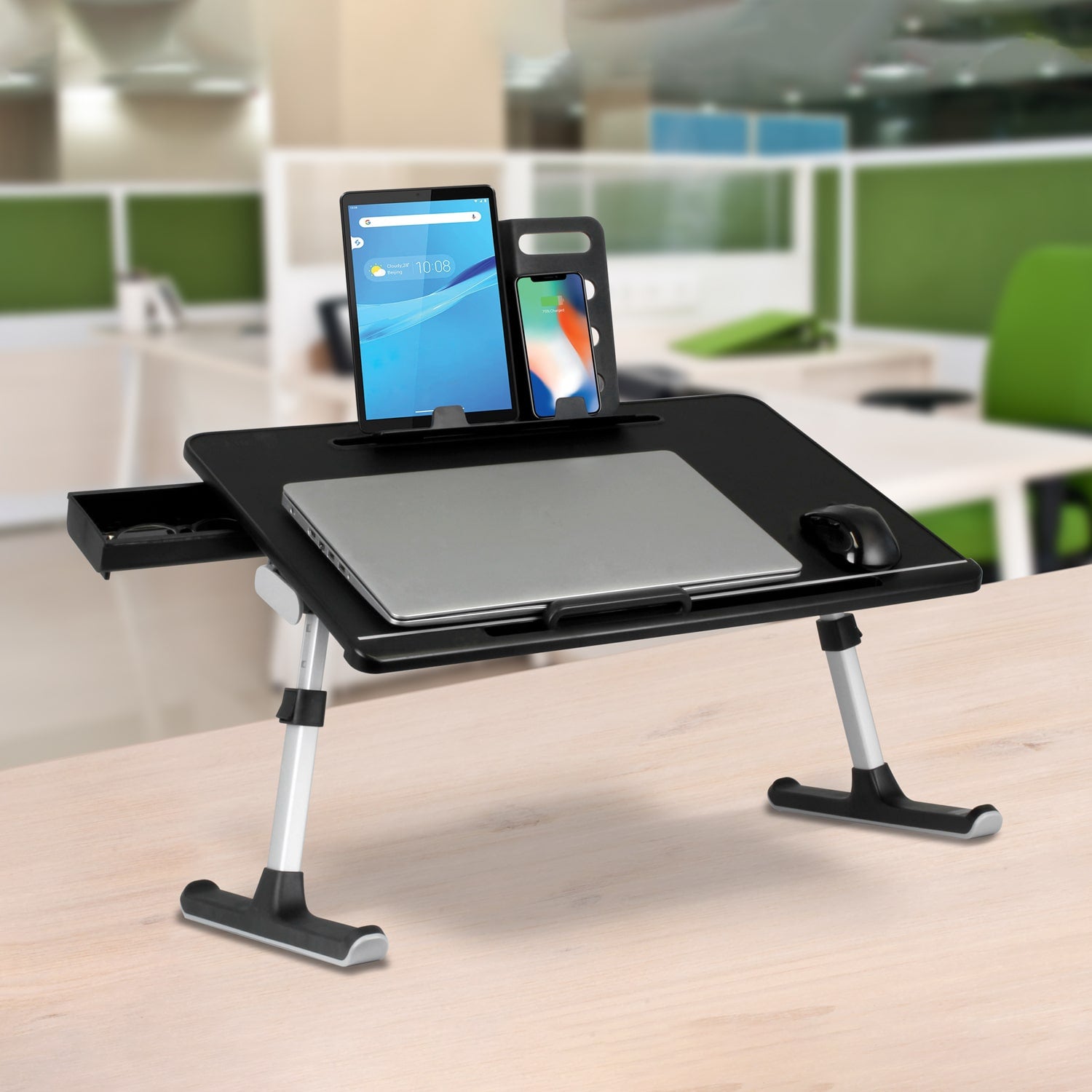 Aluratek Adjustable Laptop Stand Table lifestyle with electronic