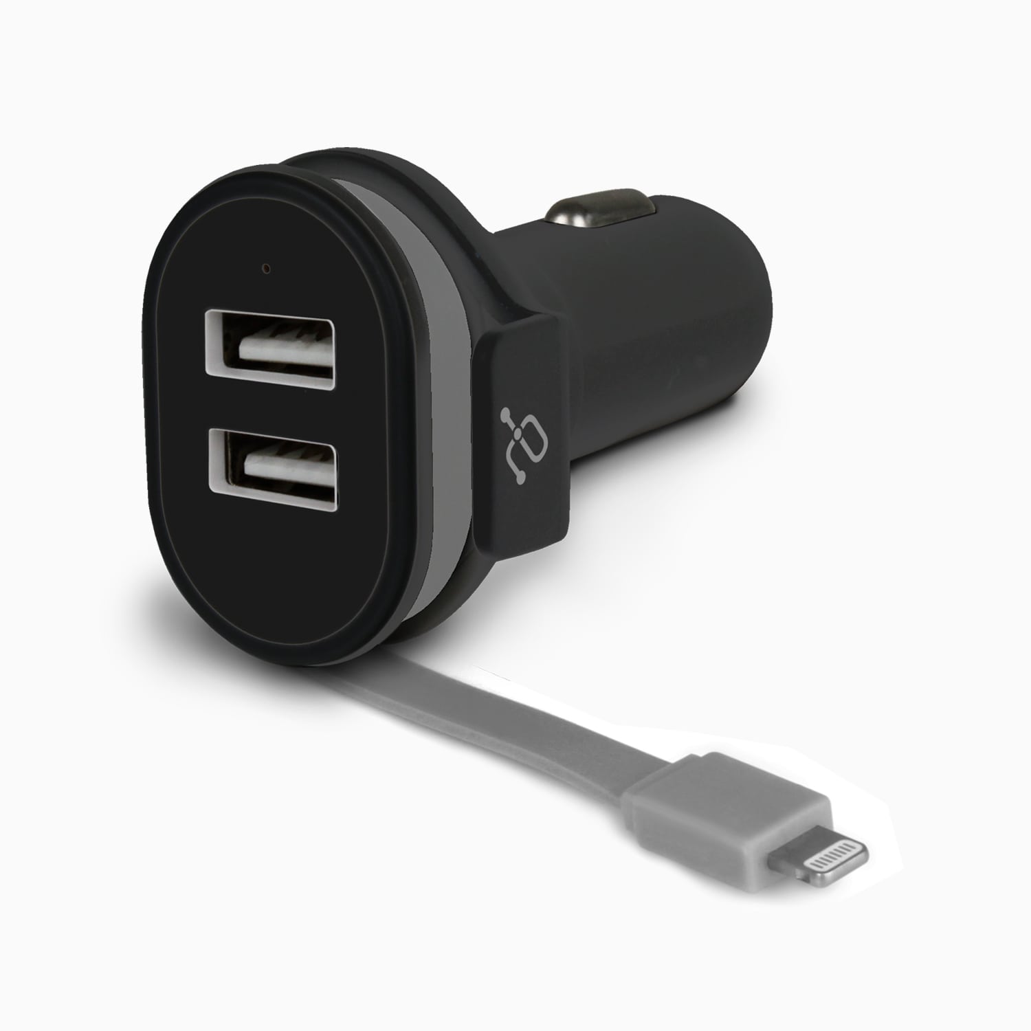 Aluratek Car Charger with Built-in Lightning Rolling Ribbon Cable and USB Charging Port Back black