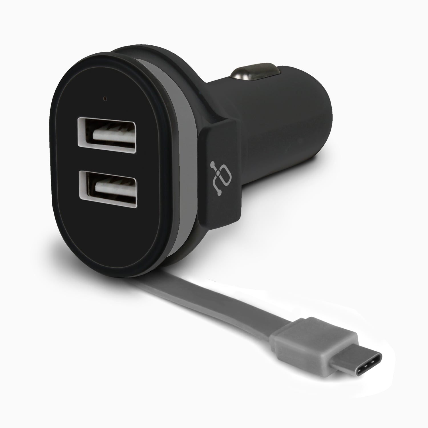 Aluratek Car Charger with Built-in Type C Rolling Ribbon Cable and USB Charging Port Angle ribbon out