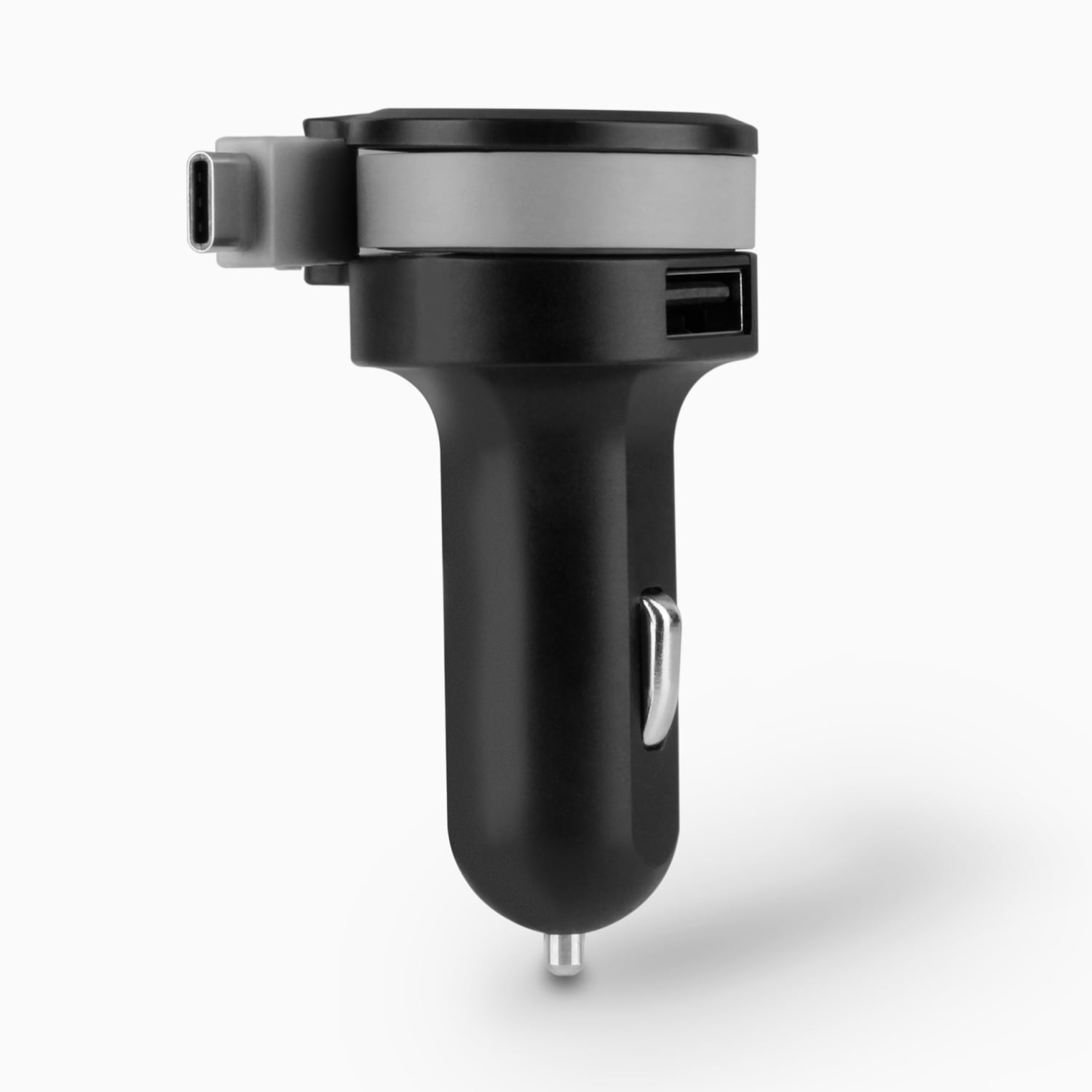 Aluratek Car Charger with Built-in Type-C Rolling Ribbon Cable and USB Charging Port Angle