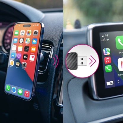 Aluratek combo wireless car adapter and smartphone mount, and smartphone displaying app icons.