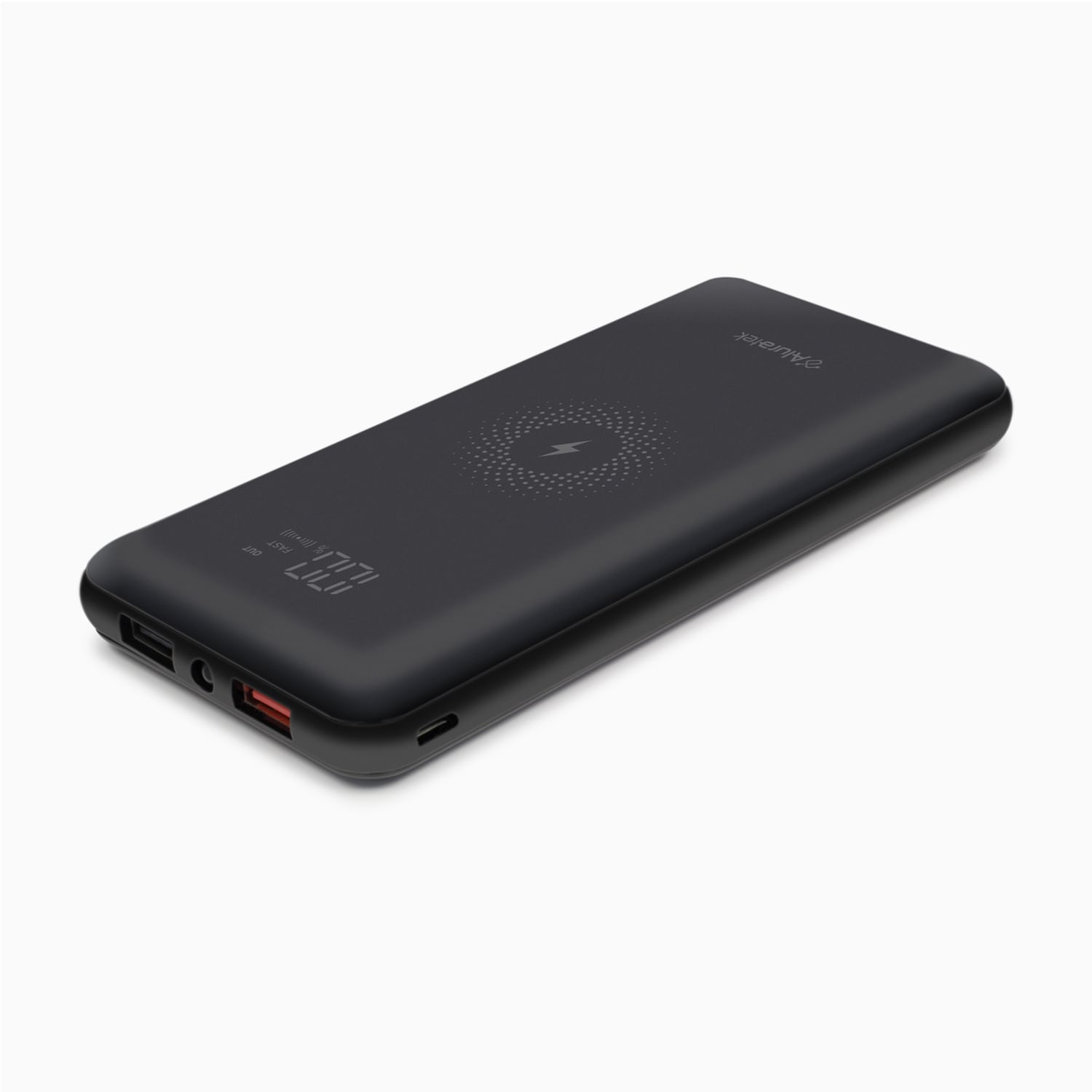 aluratek wireless charging 10k power bank type-C angle view