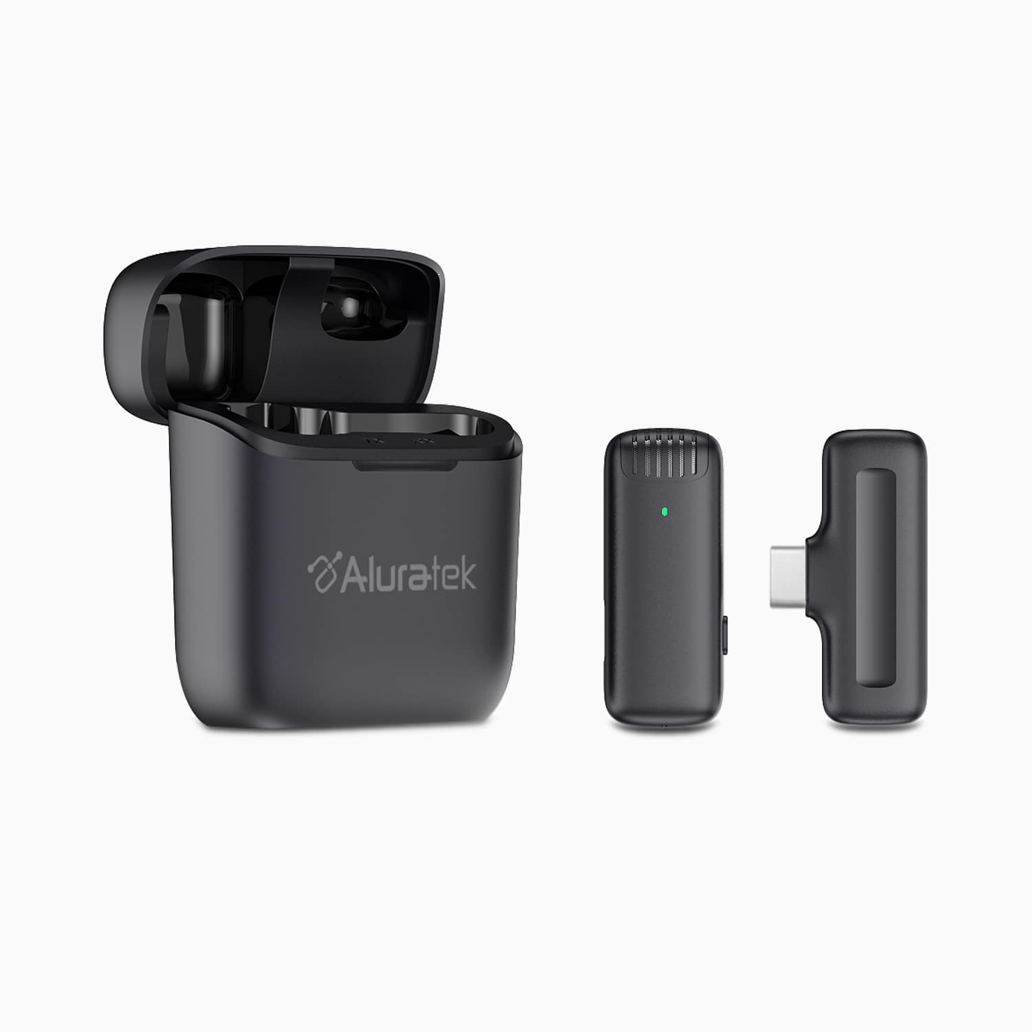 Aluratek Wireless USB-C Vlogging Lapel Microphone with Charging Case Case open angle